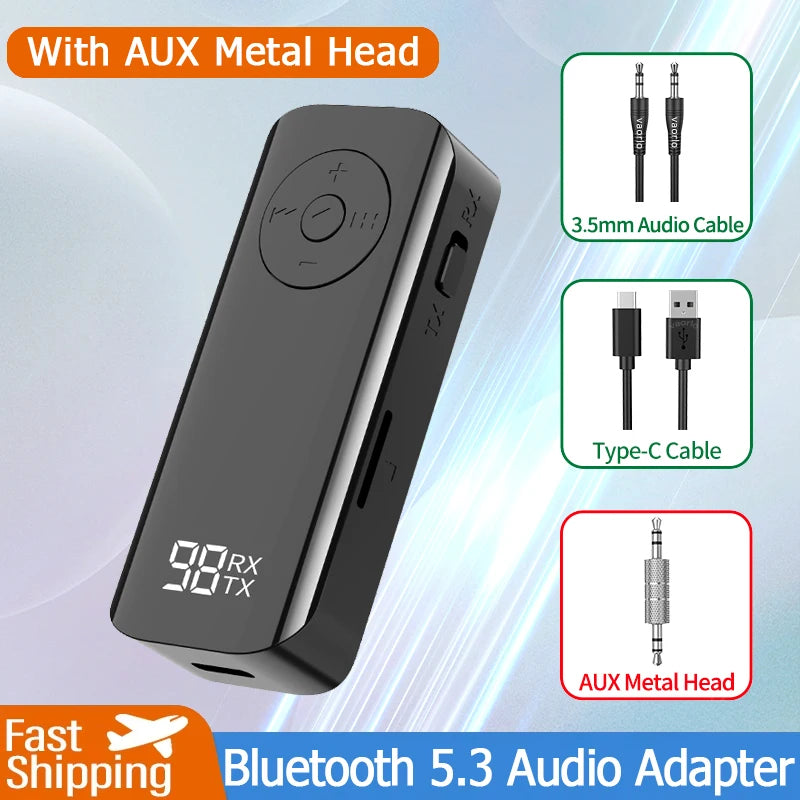Lavalier Bluetooth 5.3 Transmitter Receiver 3.5MM AUX Support TF Card With LED Display PC Headphone Hifi Stereo Wireless Adapter