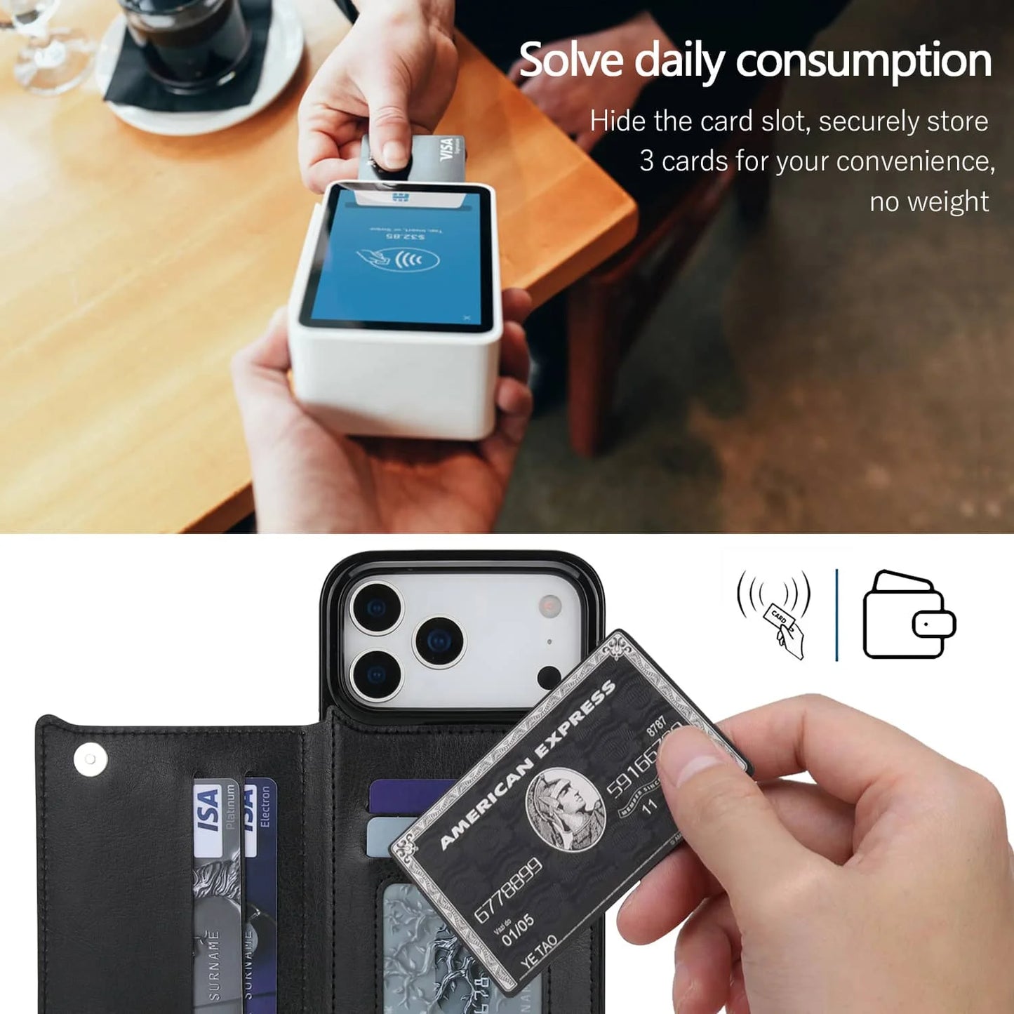 For iPhone 17 Pro Max Air Wallet Case With Card Holder,PU Faux Leather Kickstand Card Slots Case, Double Magnetic Clasp Cover