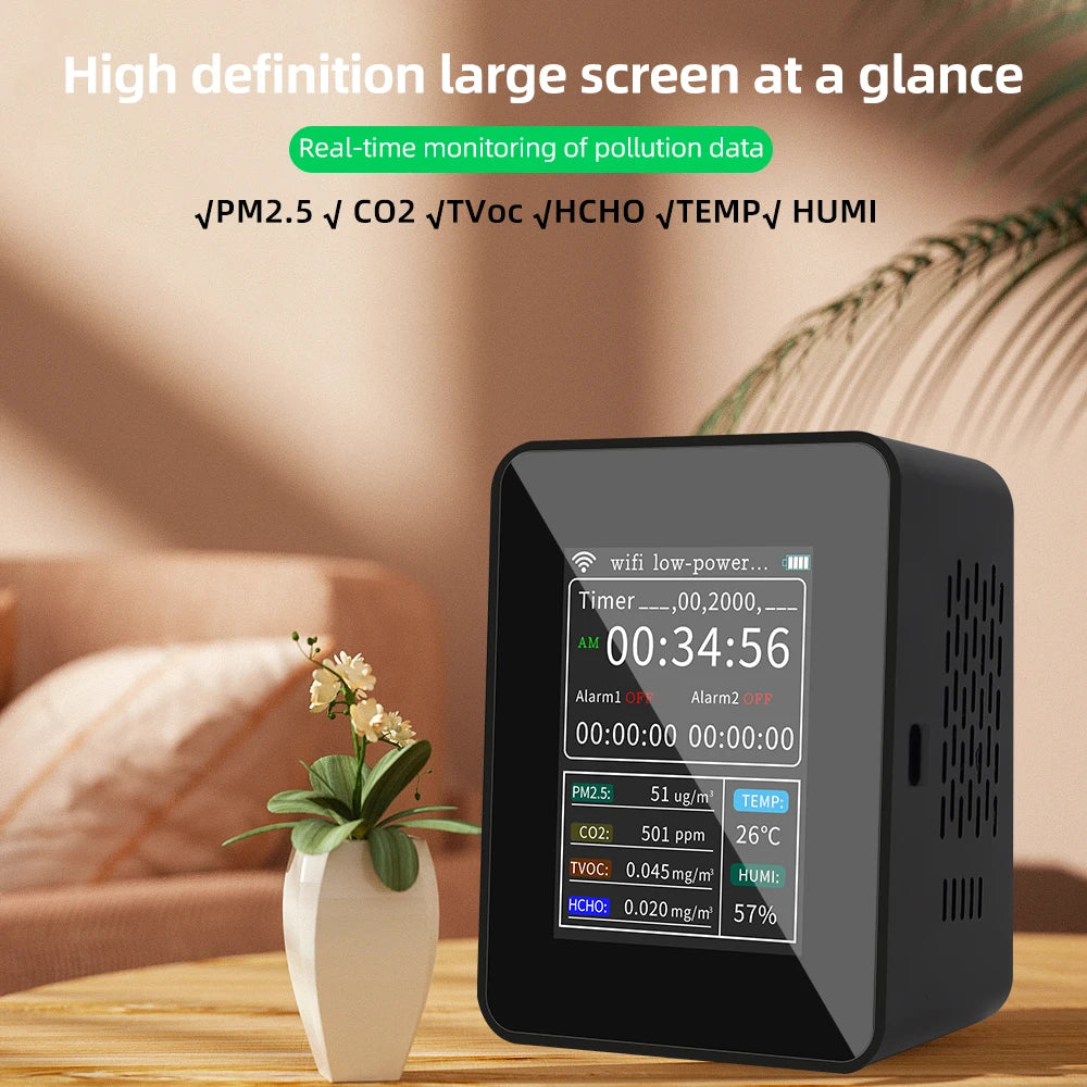 Smart Air Quality Monitor Detector CO2 PM2.5 TVOC HCHO TEMP HUMI Detectors With Alarm Timer Mobilephone APP Remotes