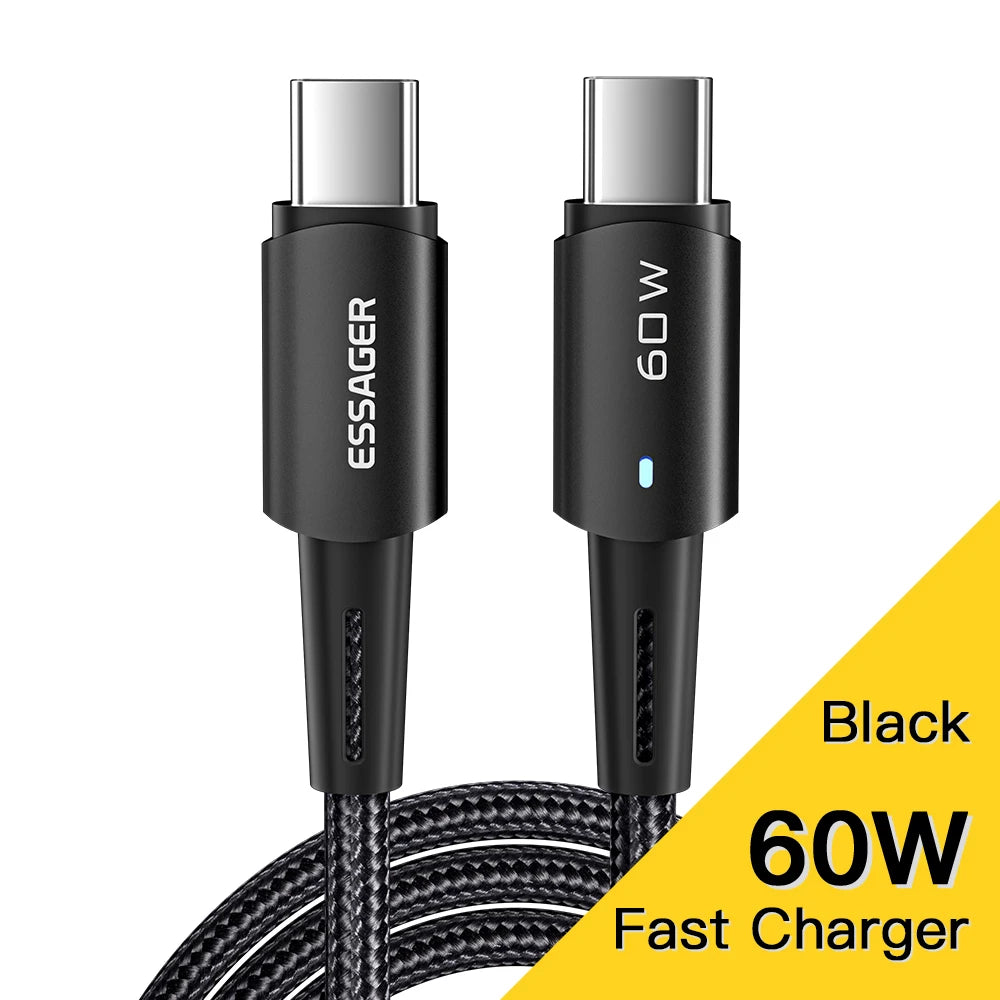 Essager USB C To USB C Cable PD100W 60W Fast Charge Mobile Cell Phone Charging Cord Wire For Xiaomi Samsung Huawei Macbook iPad