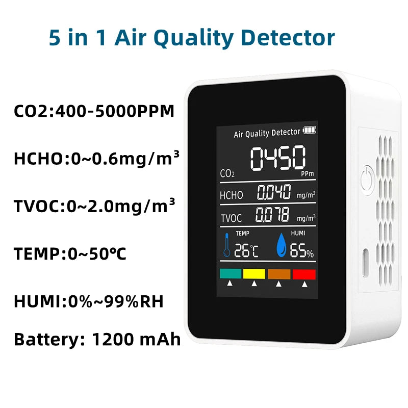 Smart Air Quality Monitor Detector CO2 PM2.5 TVOC HCHO TEMP HUMI Detectors With Alarm Timer Mobilephone APP Remotes