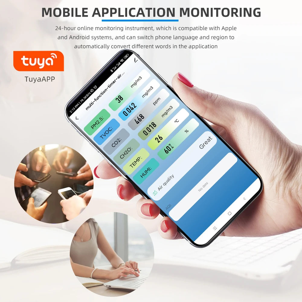 Smart Air Quality Monitor Detector CO2 PM2.5 TVOC HCHO TEMP HUMI Detectors With Alarm Timer Mobilephone APP Remotes