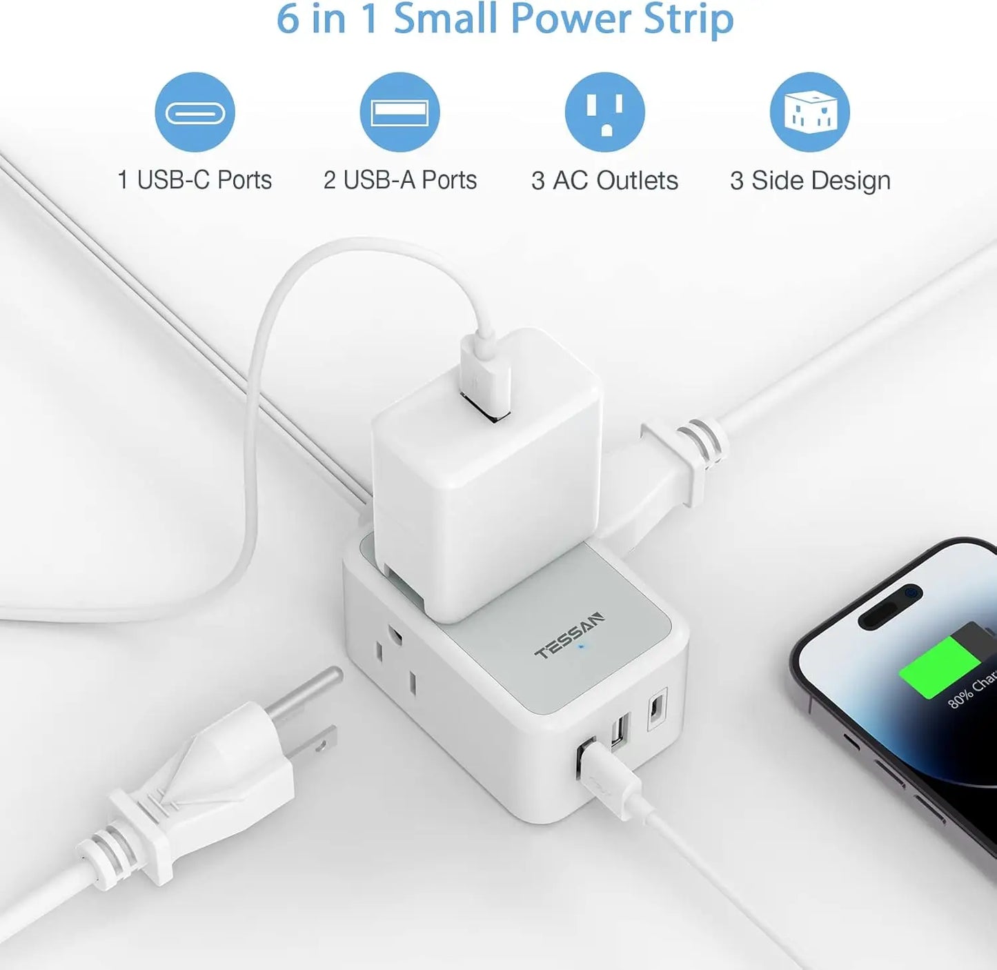 TESSAN Ultra Thin Extension Cord Power Strip with 3 USB 3 AC Adapter Mini Charging Station for Cruise Travel Office School Home