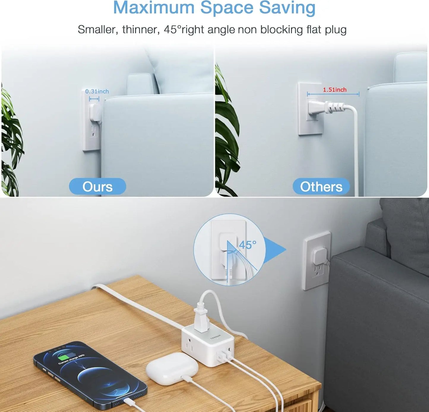 TESSAN Ultra Thin Extension Cord Power Strip with 3 USB 3 AC Adapter Mini Charging Station for Cruise Travel Office School Home