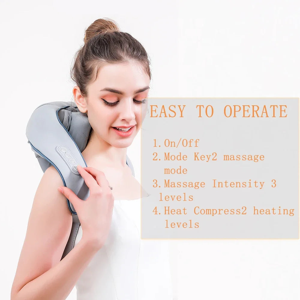 Electric Neck Back Massager Heat Shiatsu Therapy for Shoulder Leg Muscle Pain Relief Portable Deep Tissue Kneading Massage Tool