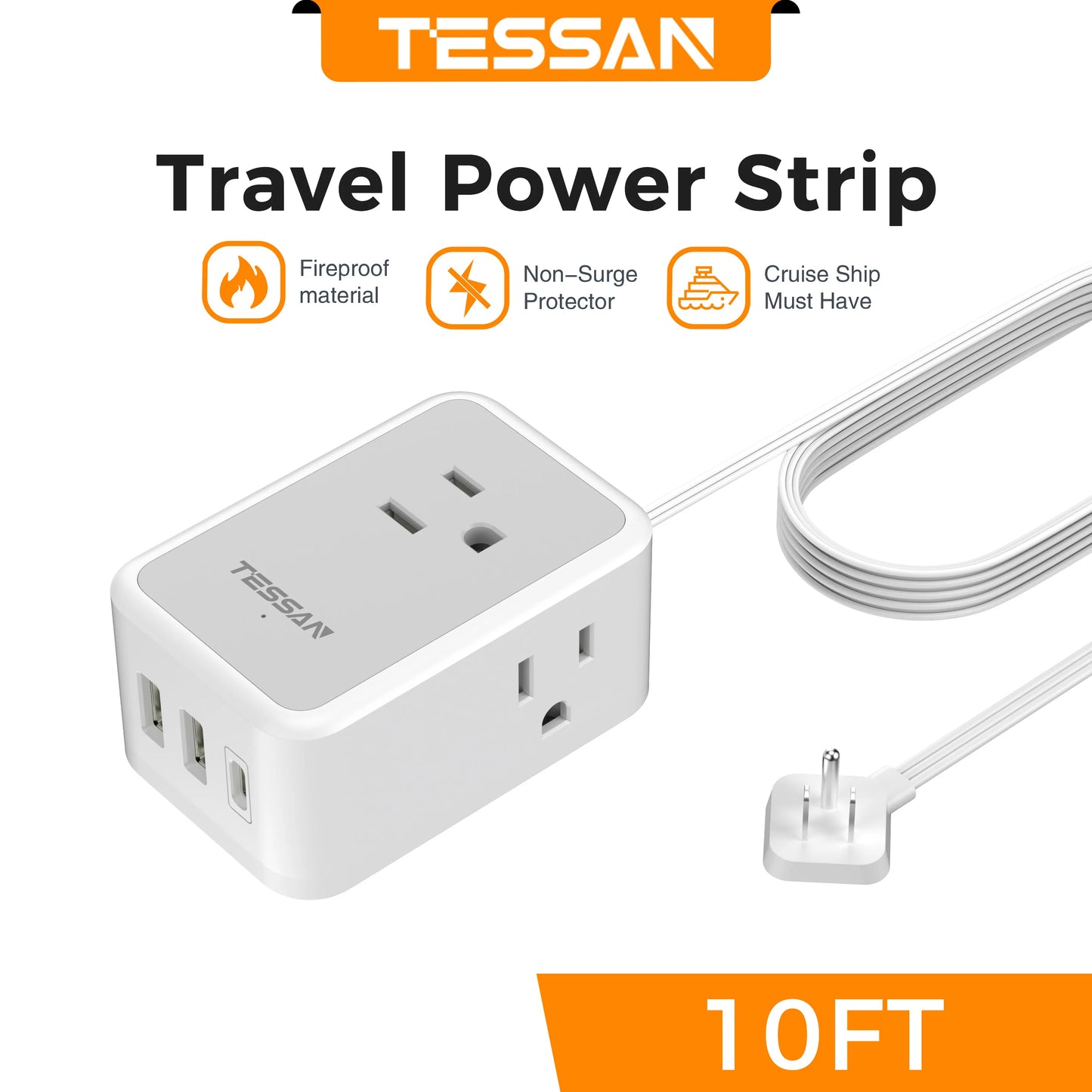 TESSAN Ultra Thin Extension Cord Power Strip with 3 USB 3 AC Adapter Mini Charging Station for Cruise Travel Office School Home