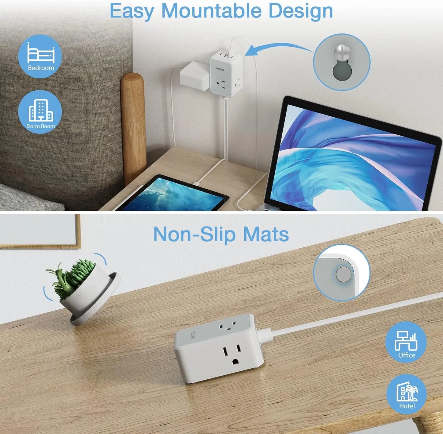 TESSAN Ultra Thin Extension Cord Power Strip with 3 USB 3 AC Adapter Mini Charging Station for Cruise Travel Office School Home
