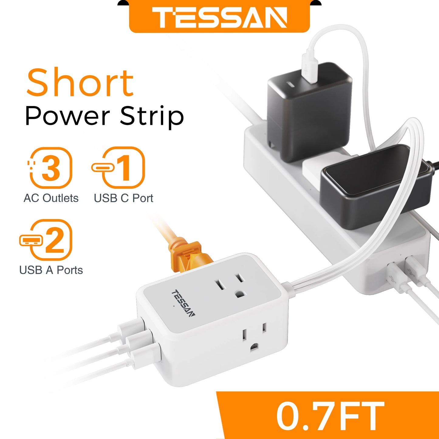 TESSAN Ultra Thin Extension Cord Power Strip with 3 USB 3 AC Adapter Mini Charging Station for Cruise Travel Office School Home