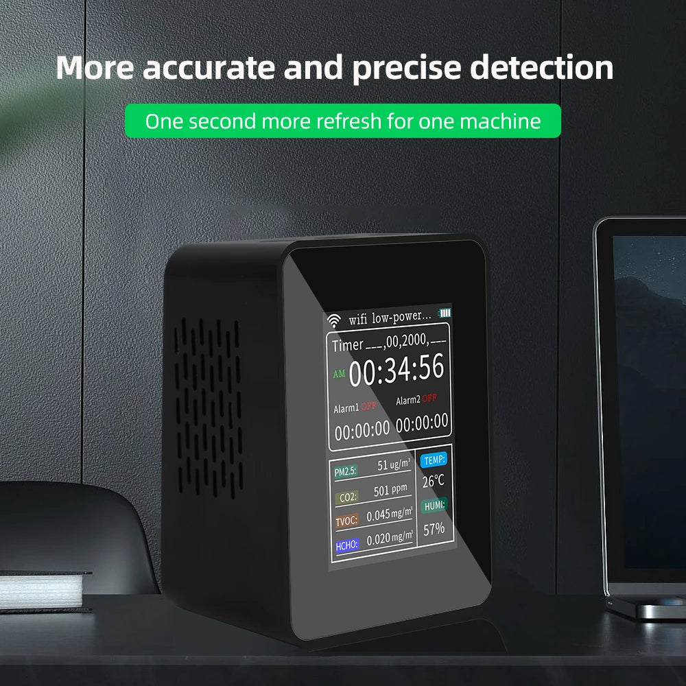 Smart Air Quality Monitor Detector CO2 PM2.5 TVOC HCHO TEMP HUMI Detectors With Alarm Timer Mobilephone APP Remotes
