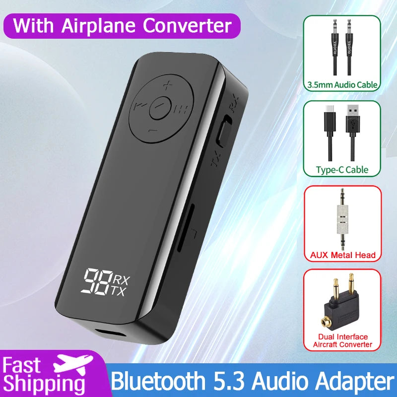 Lavalier Bluetooth 5.3 Transmitter Receiver 3.5MM AUX Support TF Card With LED Display PC Headphone Hifi Stereo Wireless Adapter