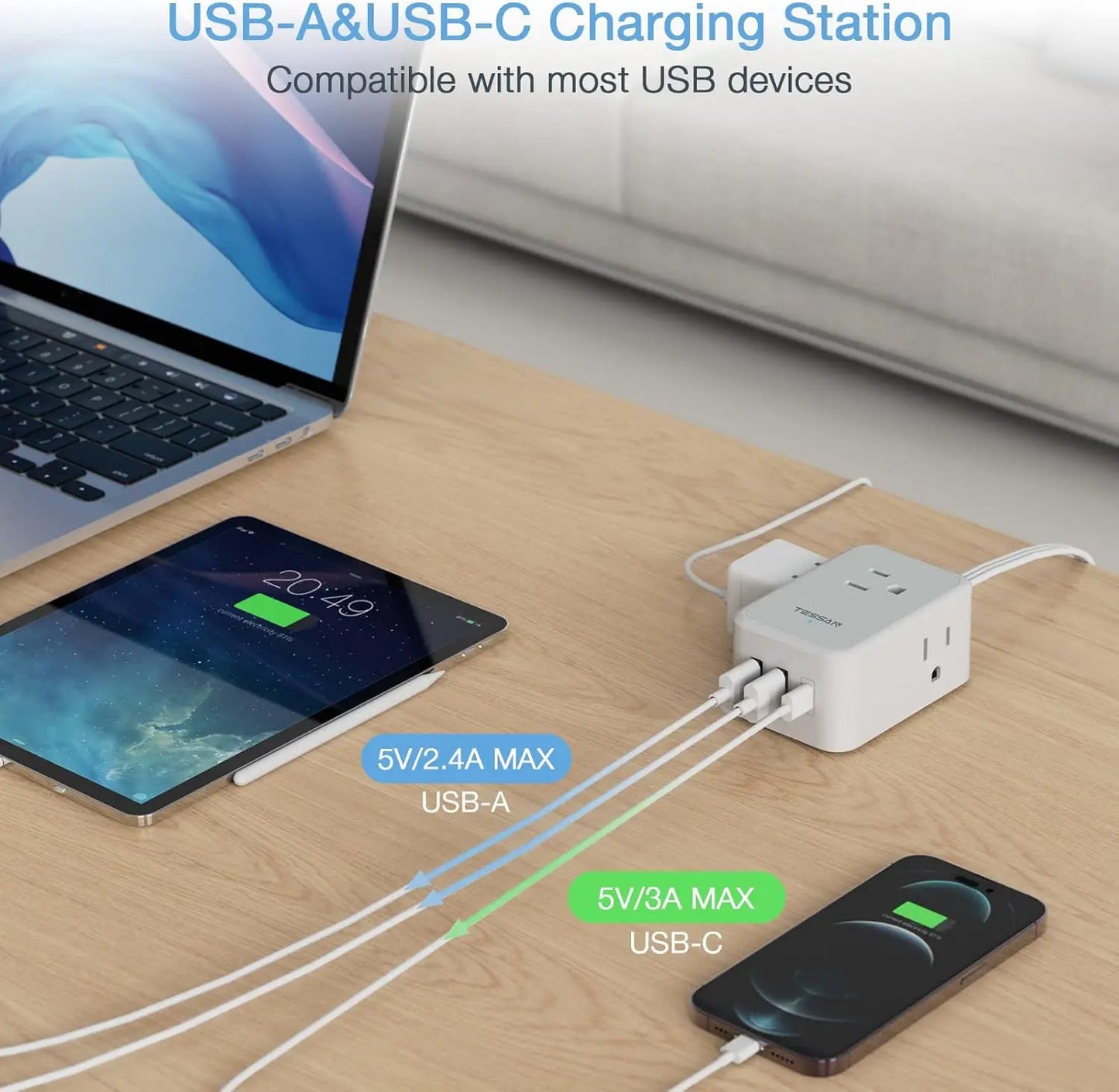 TESSAN Ultra Thin Extension Cord Power Strip with 3 USB 3 AC Adapter Mini Charging Station for Cruise Travel Office School Home