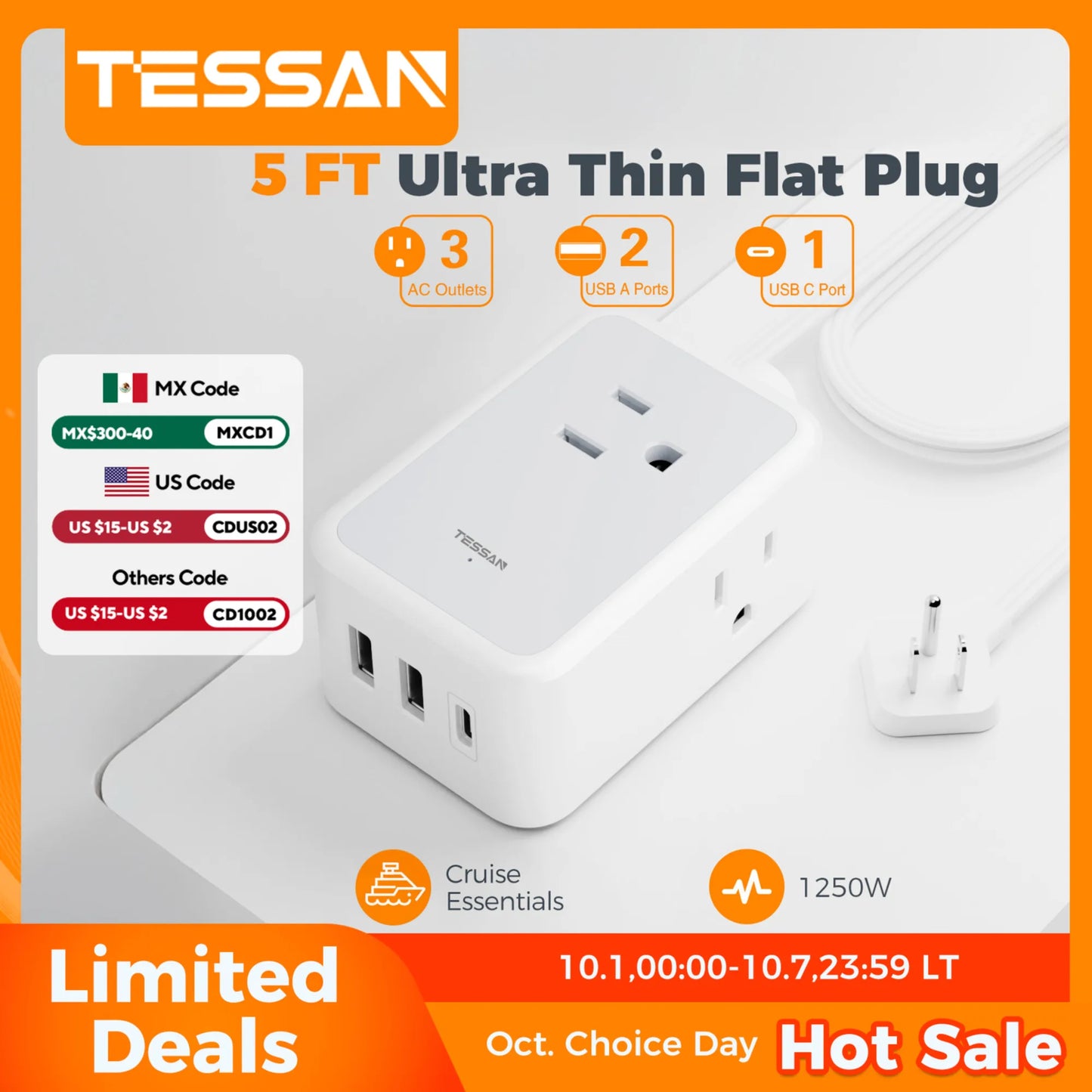 TESSAN Ultra Thin Extension Cord Power Strip with 3 USB 3 AC Adapter Mini Charging Station for Cruise Travel Office School Home