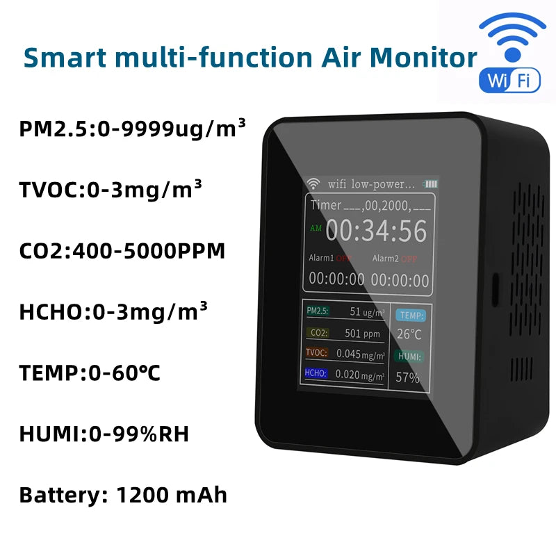 Smart Air Quality Monitor Detector CO2 PM2.5 TVOC HCHO TEMP HUMI Detectors With Alarm Timer Mobilephone APP Remotes