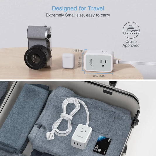 TESSAN Ultra Thin Extension Cord Power Strip with 3 USB 3 AC Adapter Mini Charging Station for Cruise Travel Office School Home