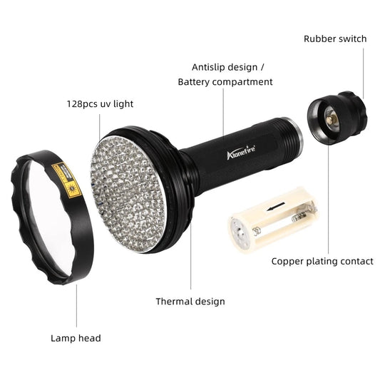 128LED 395nm UV Flashlight High Power Ultraviolet Torch Money Ore Pet Stains Invisible ink Scorpion Marker Fluorescent light