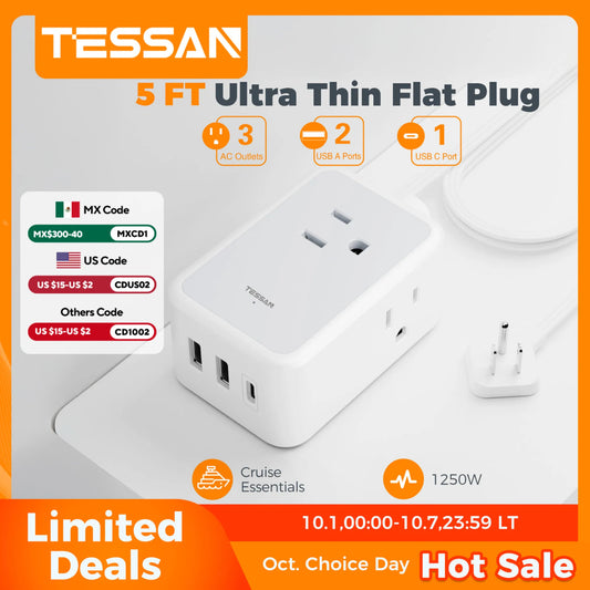 TESSAN Ultra Thin Extension Cord Power Strip with 3 USB 3 AC Adapter Mini Charging Station for Cruise Travel Office School Home